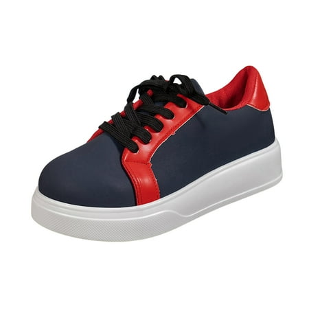 Blphud Business Casual Shoes Woman Wedges for Women Formal Ladies Fashion Leather Colored Round Toe Lace Thick Sole Casual Shoes Navy 39