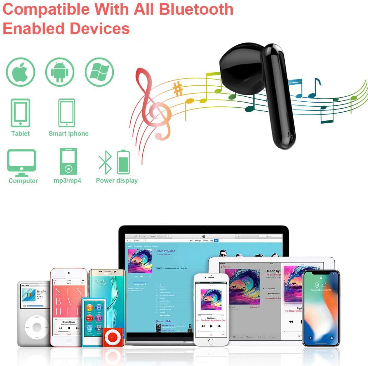 Écouteurs sans Fil Bluetooth 5.0 avec réduction de Bruit 30hrs Playtime,pour iPhone Android/Apple Airpods Pro/Samsung Microphone intégré 3D Stéréo HiFi IPX5 Écouteurs Étanches Sportifs