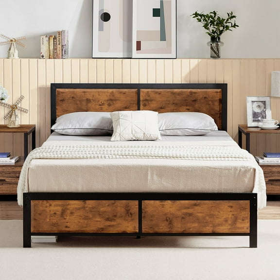 Katkuca Bed Frame Queen Size With Wooden Headboard Heavy Duty Metal Platform,Brown