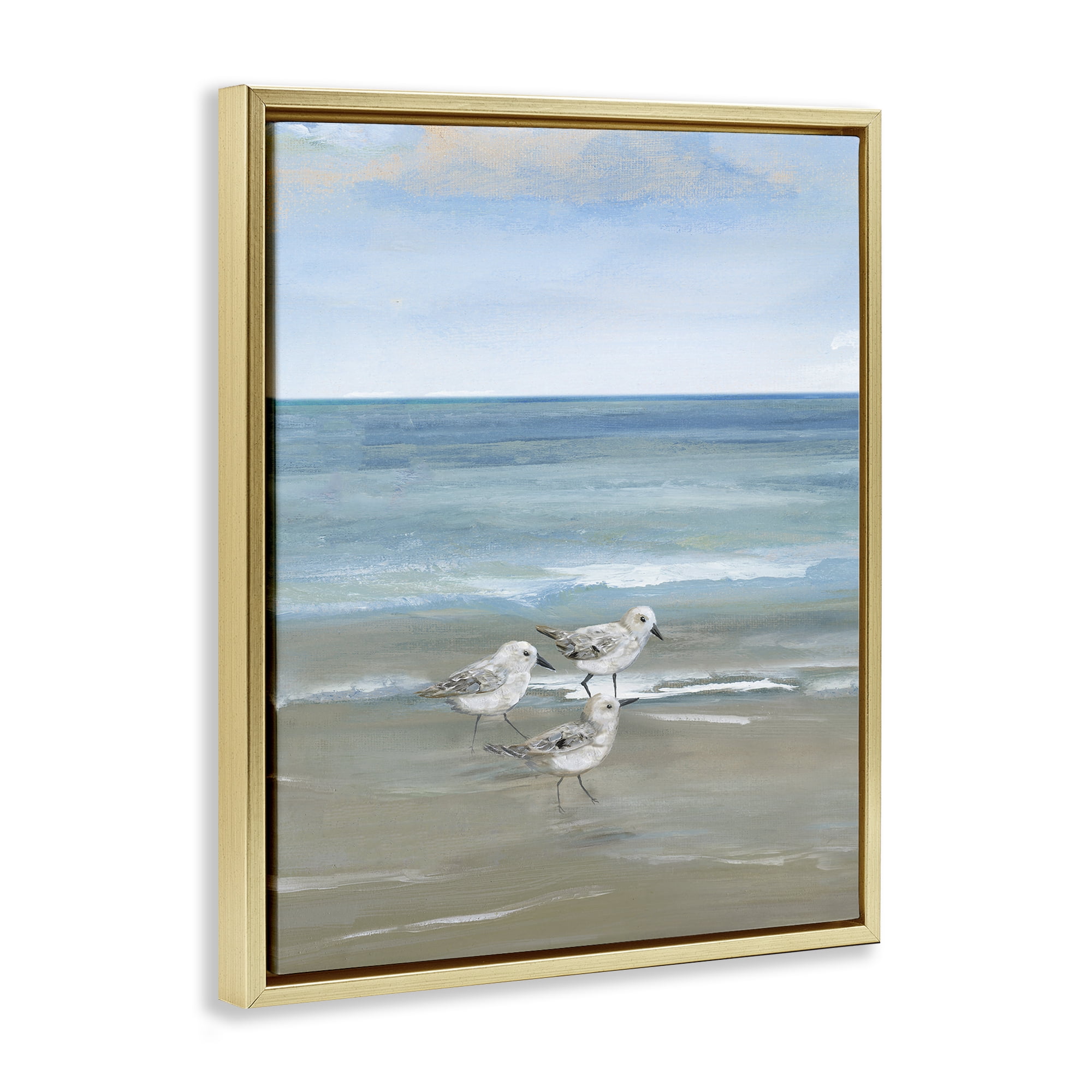 Stupell Industries Three Shorebirds & Gentle Waves Gold Framed Floater Canvas Wall Art, design by Nan