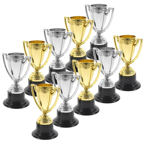 KALLORY 10Pcs Small Trophy Awards Golden Silver Acrylic Resin for Game Prizes and Rewards