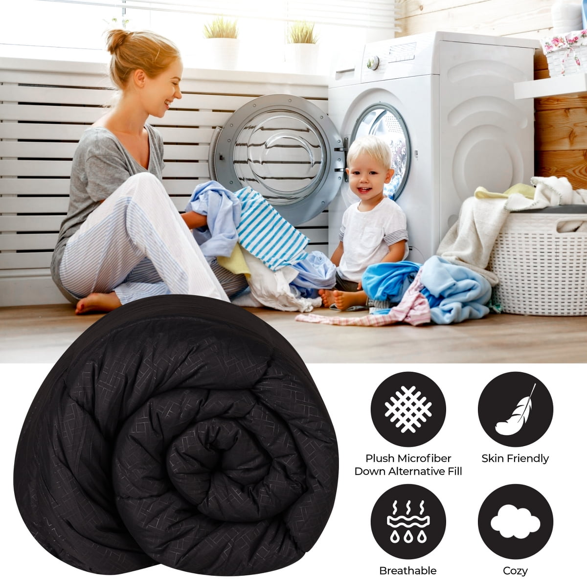 Superior Basketweave Plush Down Alternative Comforter, Twin XL, Black