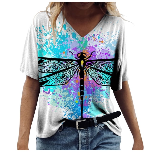 Camiseta estampada de moda para mujer Blusa de manga corta con cuello en V Tops casuales Pompotops hkajfhjk471818