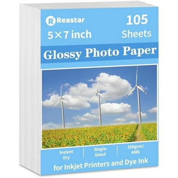 5x7 Glossy Photo Paper, 105 Sheets Picture Paper for Inkjet Printer, Instant Dry, for DIY Chip Bag, Flyers, Cards, Calendars and Brochures (180gsm/48lb)