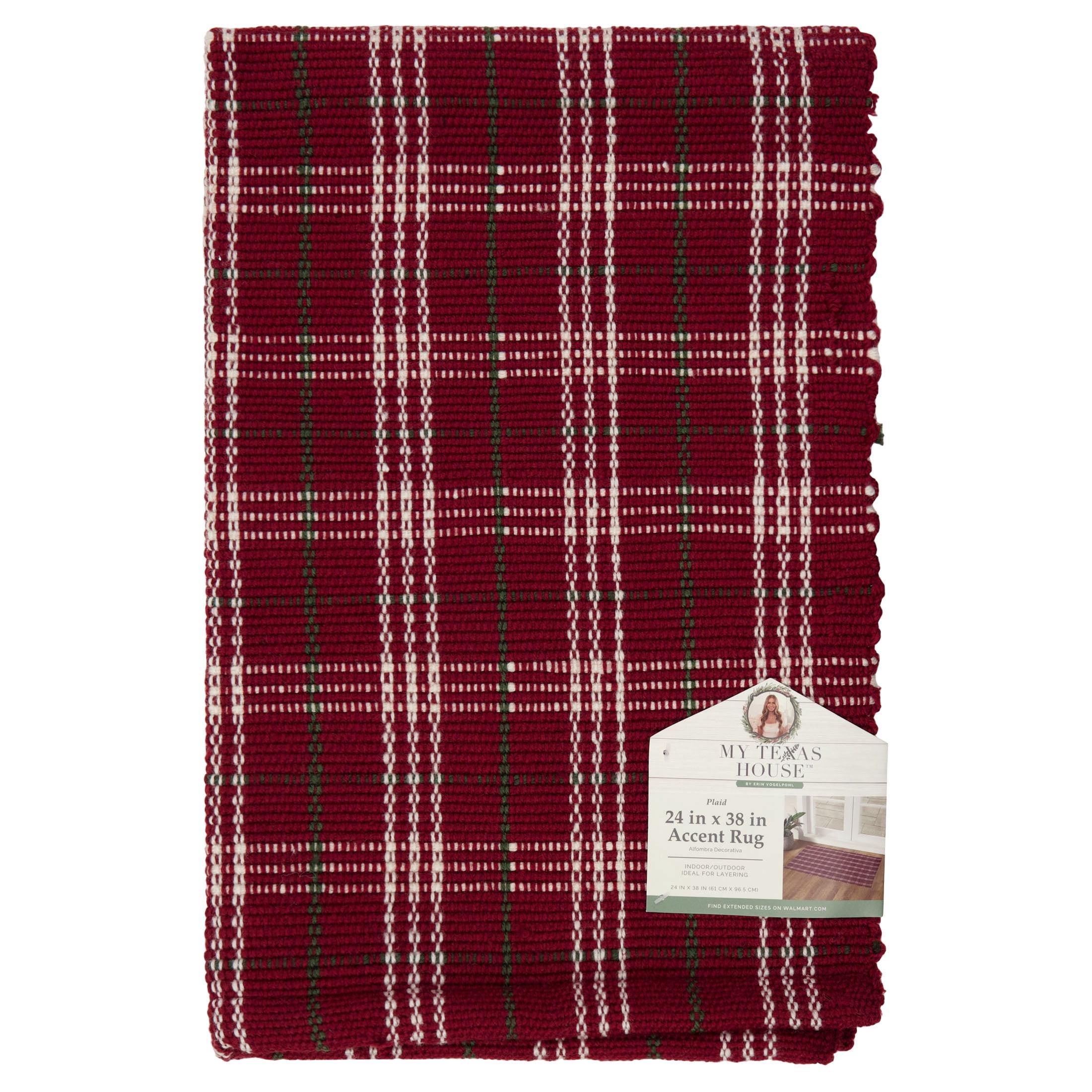 My Texas House Red Holiday Plaid Indoor/Outdoor Layering Christmas Rug, 24" x 38"