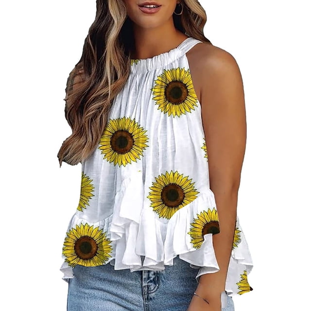 Pompotops Mode Femmes Débardeur Imprimé Col Rond Sans Manches Tee Décontracté Blouse