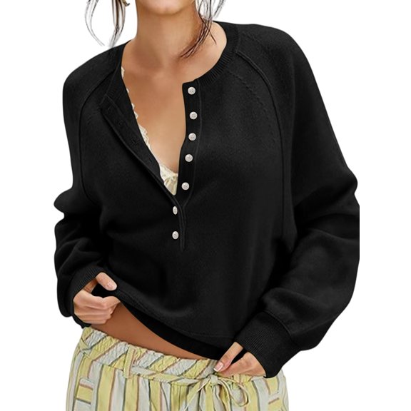 Women Henley Neck Half Button Drop Shoulder Loose Long Sleeve Knit Pullover Sweater Black XS