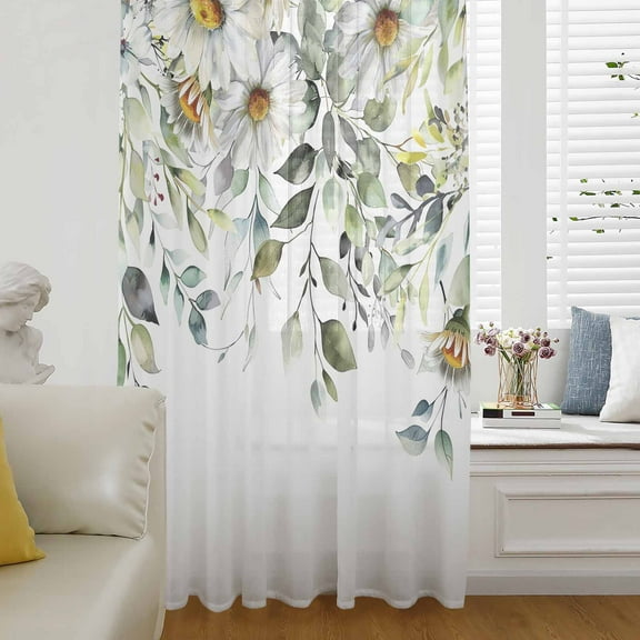 Eucalyptus Leaves Semi Sheer Curtains Drapes for Living Room,Bedroom,French Doors Window 84 Inches Long,White Daisy Spring Floral Summer Botancial Rod Pocket Chiffon Curtain Drapery Voile Panel