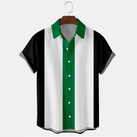 UVEASISHA Mens Bowling Shirts Short Sleeve Men s Color Block Button Down Shirts Hawaiian Casual Printed Beach Shirt Summer Regular Fit Top 2025 Green L