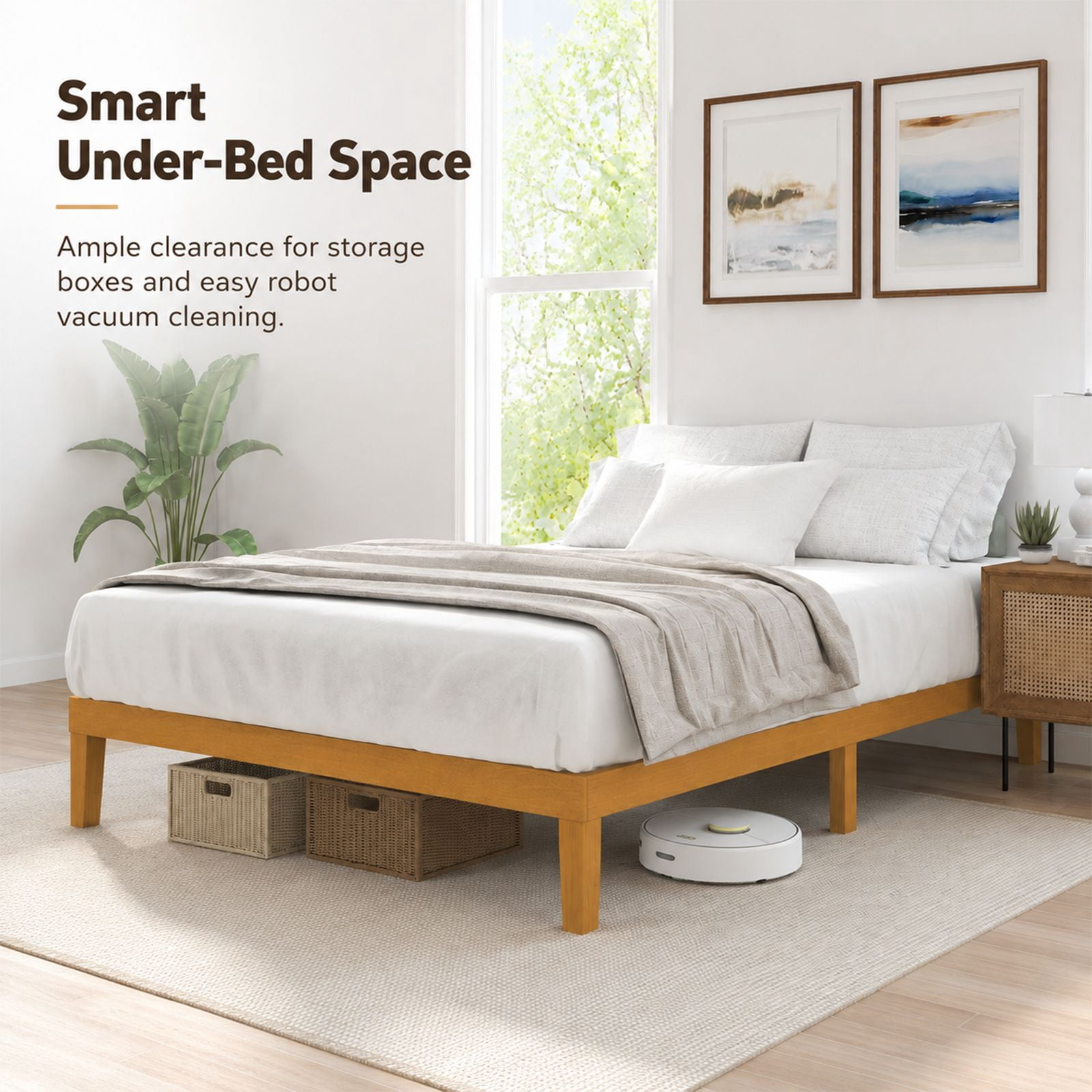 Alvantor Natural Pine Platform Bed Frame, 16" High, Sturdy Wood Sturdy Slats, Noise-Free Design, No Box Spring, Easy Assembly