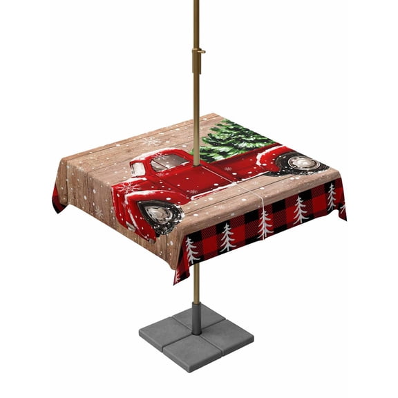 Outdoor Tablecloth with Umbrella Hole and Zipper, Red Truck Christmas Square Table Cloth 54x54 Inch Waterproof Tablecloth, Plaid Xmas Tree Snowflake Vintage Picnic Table Cover for Patio Camping