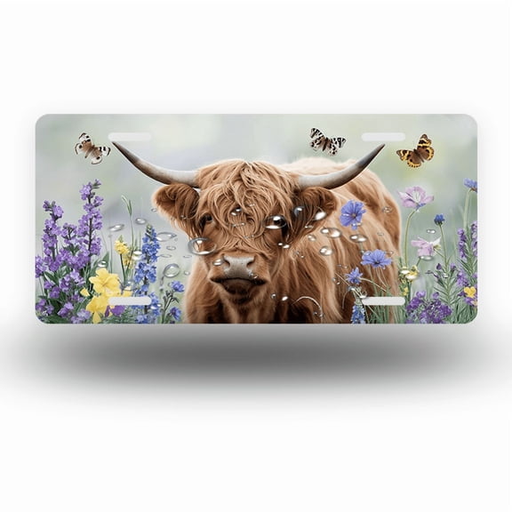 License Plate,Highland Cow with Butterflies Decorative Front,Personalized Stainless Steel License Plate Cover For Men Women,12.2" X 6.2"