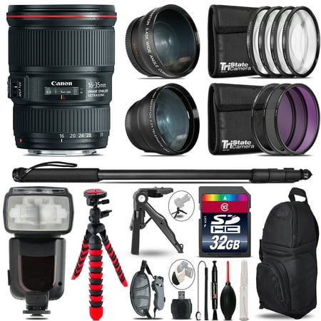 Image of Canon 16-35mm IS USM - 3 Lens Kit + Professional Flash - 32GB Accessory Bundle