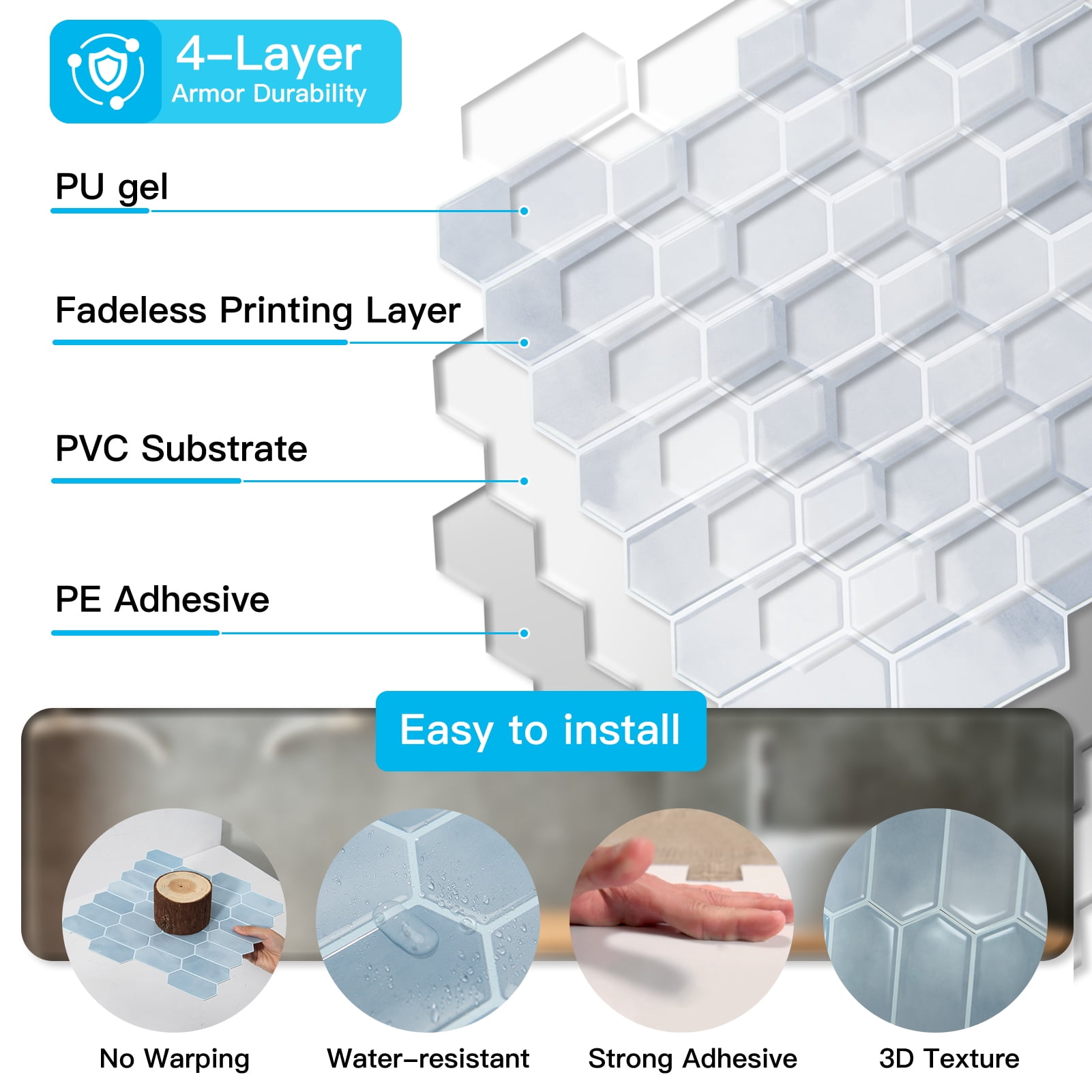 10Pcs Peel and Stick Backsplash,12'' x 12'' Heavy-Duty Self-Adhesive Vinyl Wall Tiles for Kitchen,Bathroom