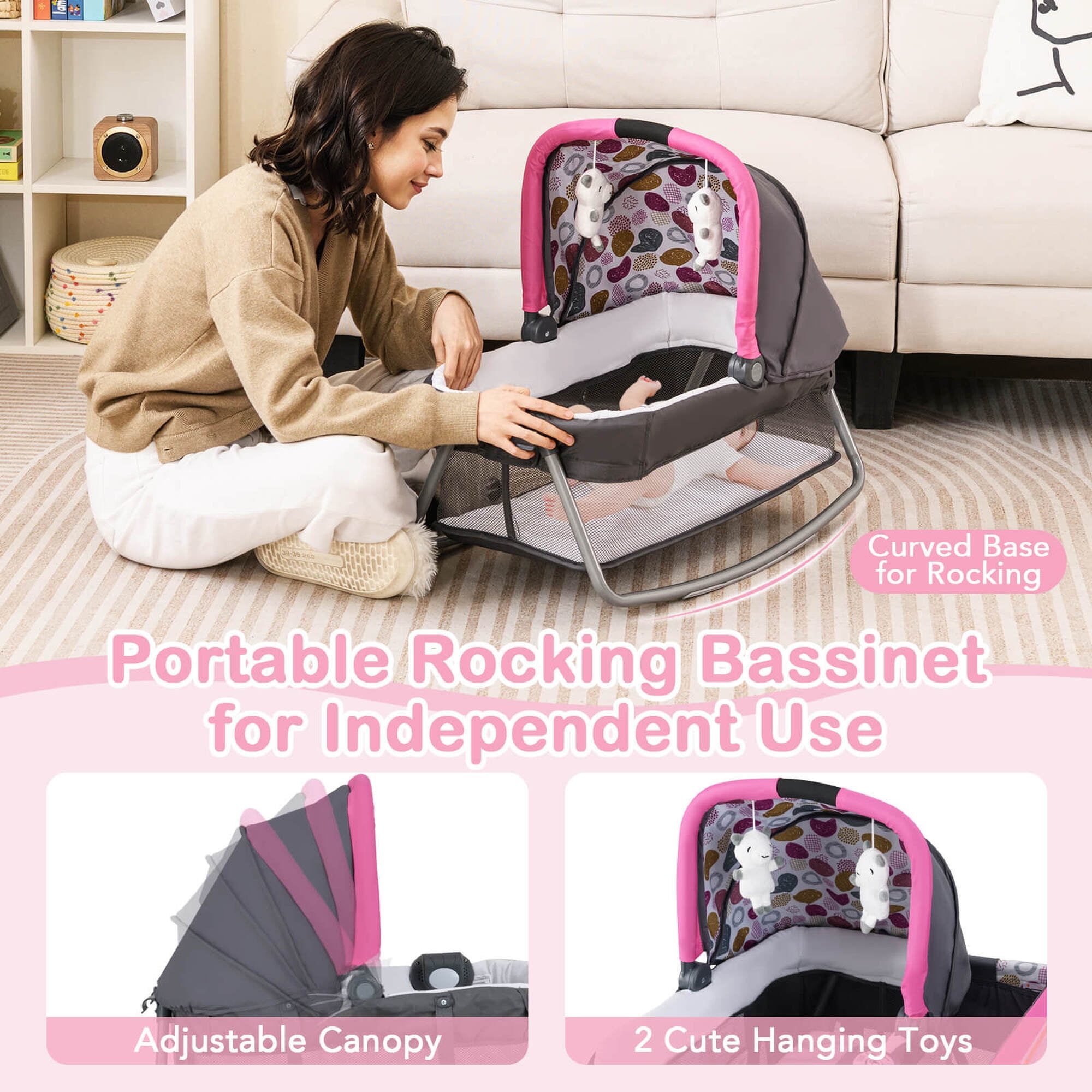 Costway 5 in 1 Bedside Bassinet with Diaper Changer Lockable Wheels & Travel Bag Rose Red