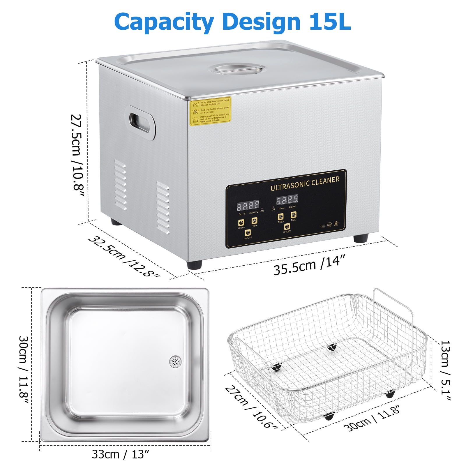 JustSmart 15L Commercial Ultrasonic Cleaner. Stainless Steel Parts Washer with Heater and Digital Timer. 360W 40kHz Ultrasonic Cleaning Machine with Black Control Panel for Auto Parts. Lab & Jew