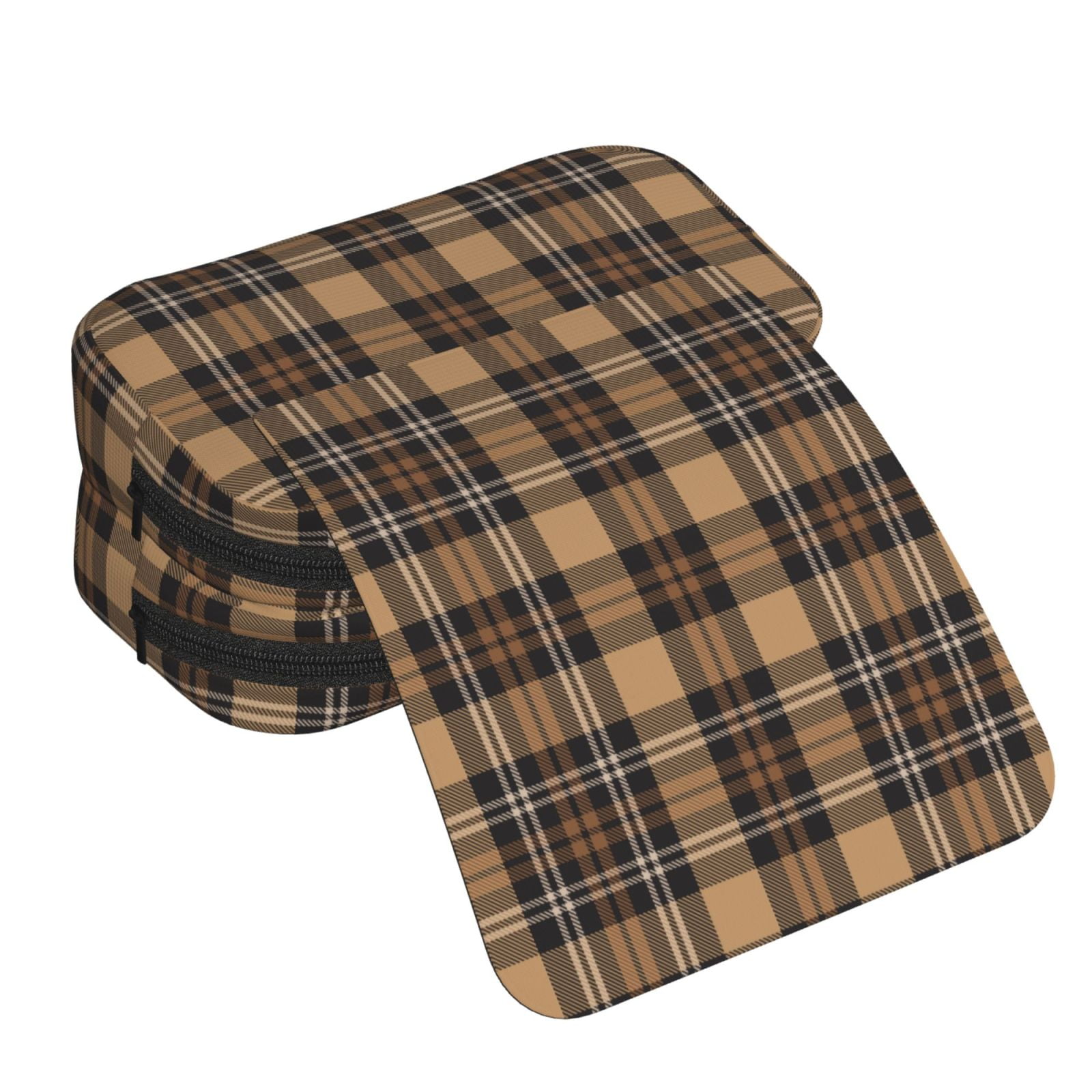 Rateoe khaki coffee plaid Pattern Double Clamshell Pen Case, Storage Organizer with Two Zipper Compartments– Holds Up to 50 Pencils & Pens