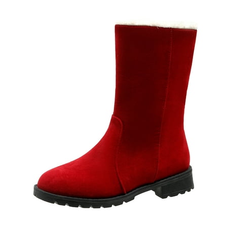 

Daznico Boots for Women Womens Solid Color Flock Heel Snow Boots Round Toe Warm Mid Cotton Boots Red 7