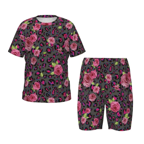 Fotbe Rose Mix Leopard 2 Pijama Estampada de 2 Piezas para Niños – Ropa de Dormir de Manga Corta Cómoda para Niños y Niñas, Camiseta y Shorts de Algodón-3X-Large