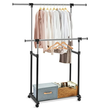 Gymax Double Rail Clothes Rack On Wheels Adjustable Clothing
