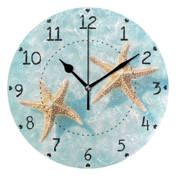 Starfishes in Water Round Wall Clock Silent Analog Battery Operated Black Pointer Home Decor 9.84" Diameter