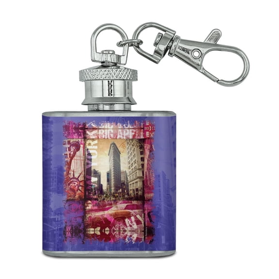 New York City Big Apple Art Collage Stainless Steel 1oz Mini Flask Key Chain