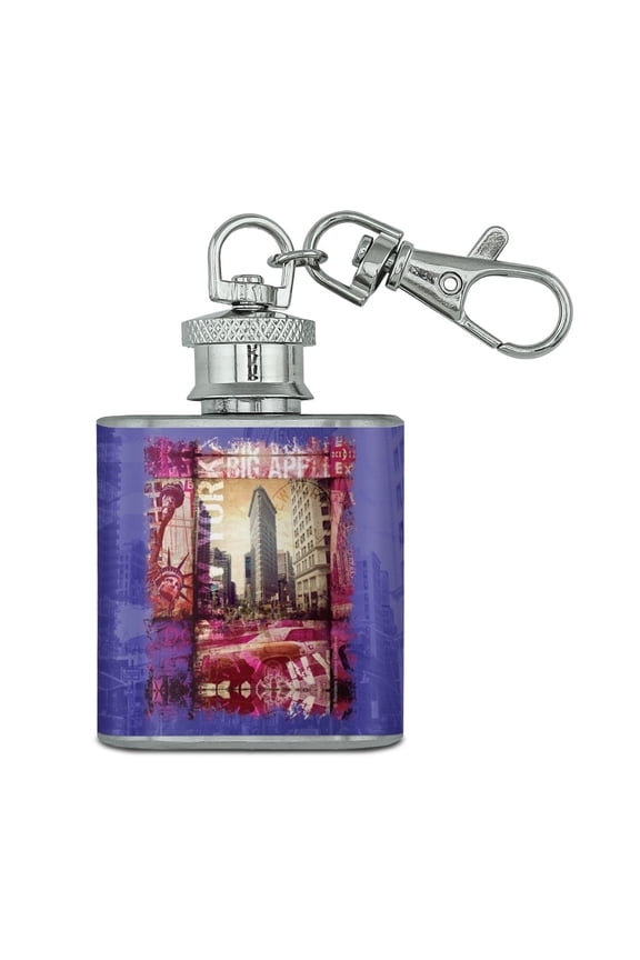 New York City Big Apple Art Collage Stainless Steel 1oz Mini Flask Key Chain