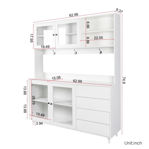63" W Large Kitchen Hutch Cabinet - Freestanding Pantry Storage Cupboard with 4 Doors, 4 Drawers, Microwave Shelf, and Multi-Functional Organization Solutions for Kitchen, Office, or Garage (White)