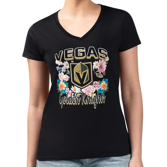 Women's G-III 4Her by Carl Banks Black Vegas Golden Knights Super-Slim Fit Lightweight Flower Logo V-Neck T-Shirt