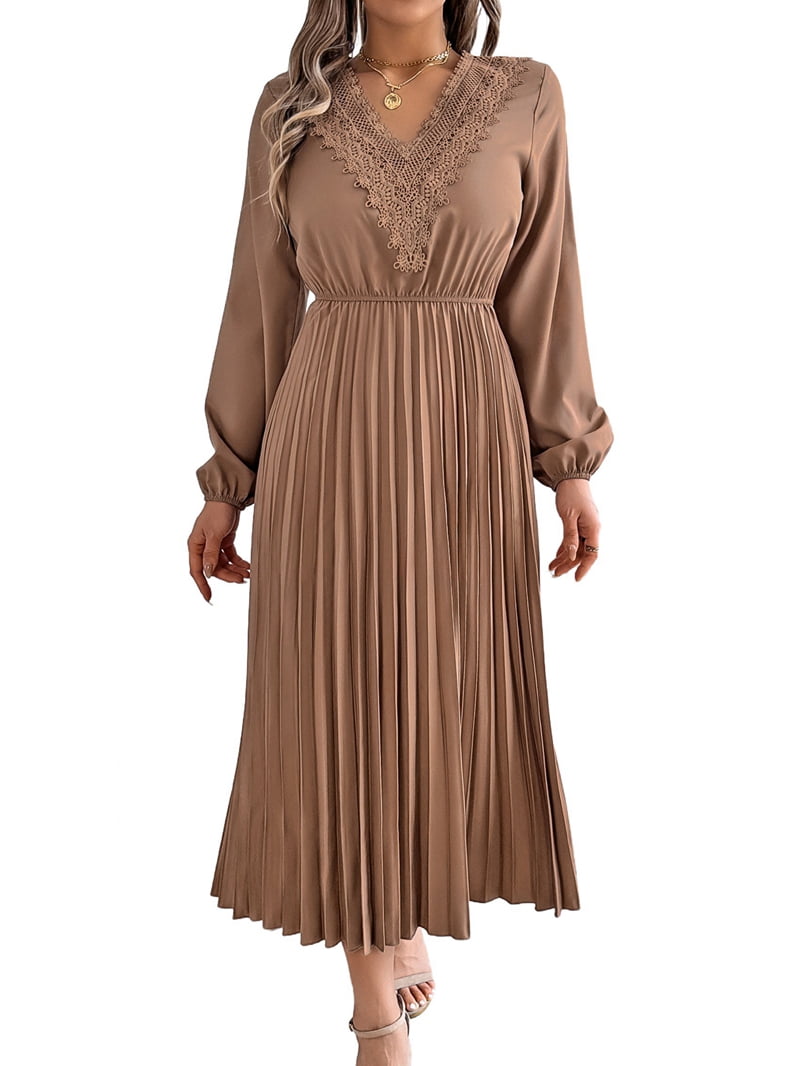 Women Fall Long Sleeve Dress Casual V Neck Pleated A Line Khaki S