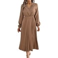 thumbnail image 2 of Women Fall Long Sleeve Dress Casual V Neck Pleated A Line Khaki M, 2 of 7