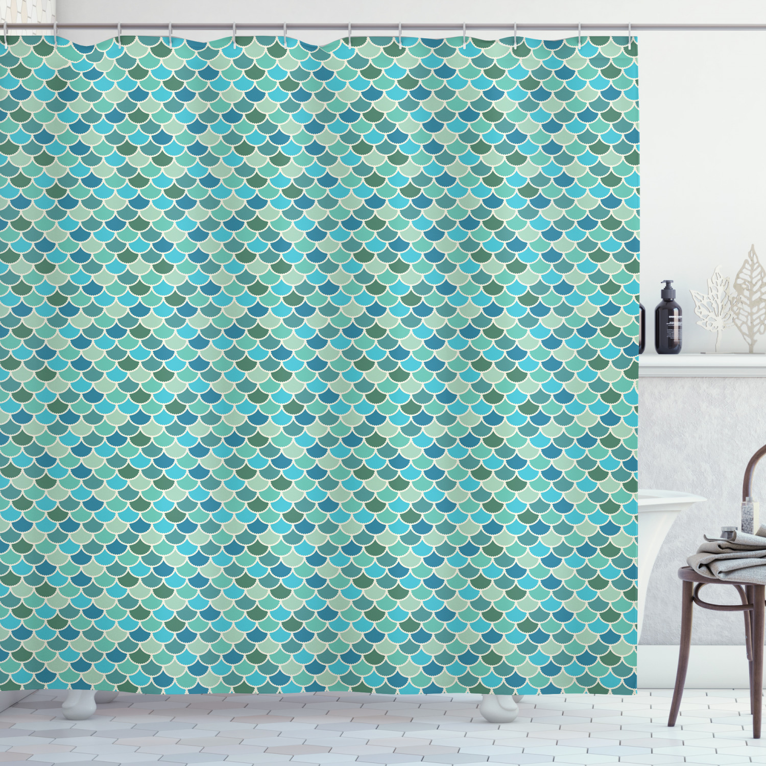 Nautical Blue Shower Curtain, Mermaid Scale Inspired Pattern with Japan