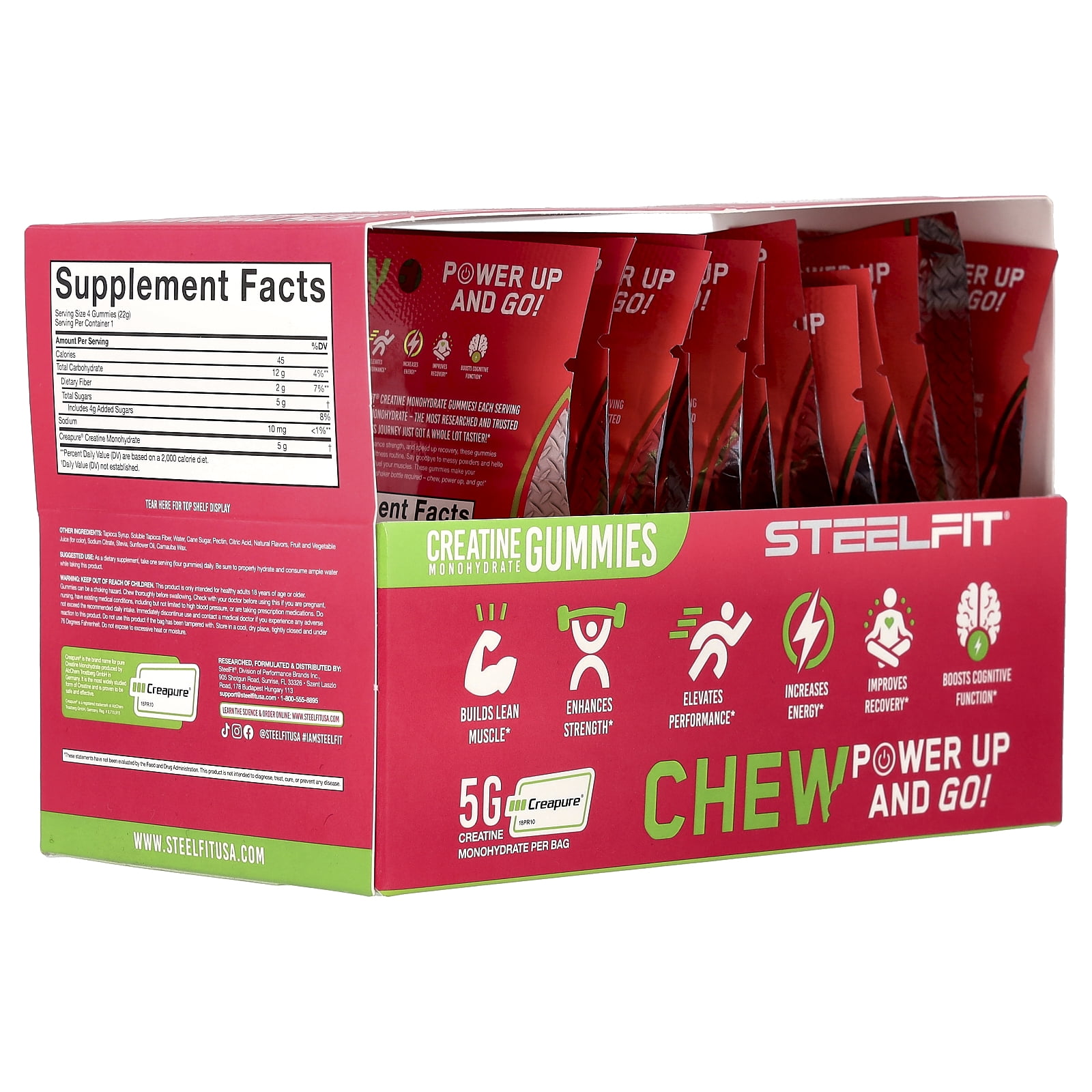 SteelFit Creatine On-The-Go™, Creatine Monohydrate Gummies, Juicy Watermelon, 12 Packs, 0.8 oz (22 g) Each