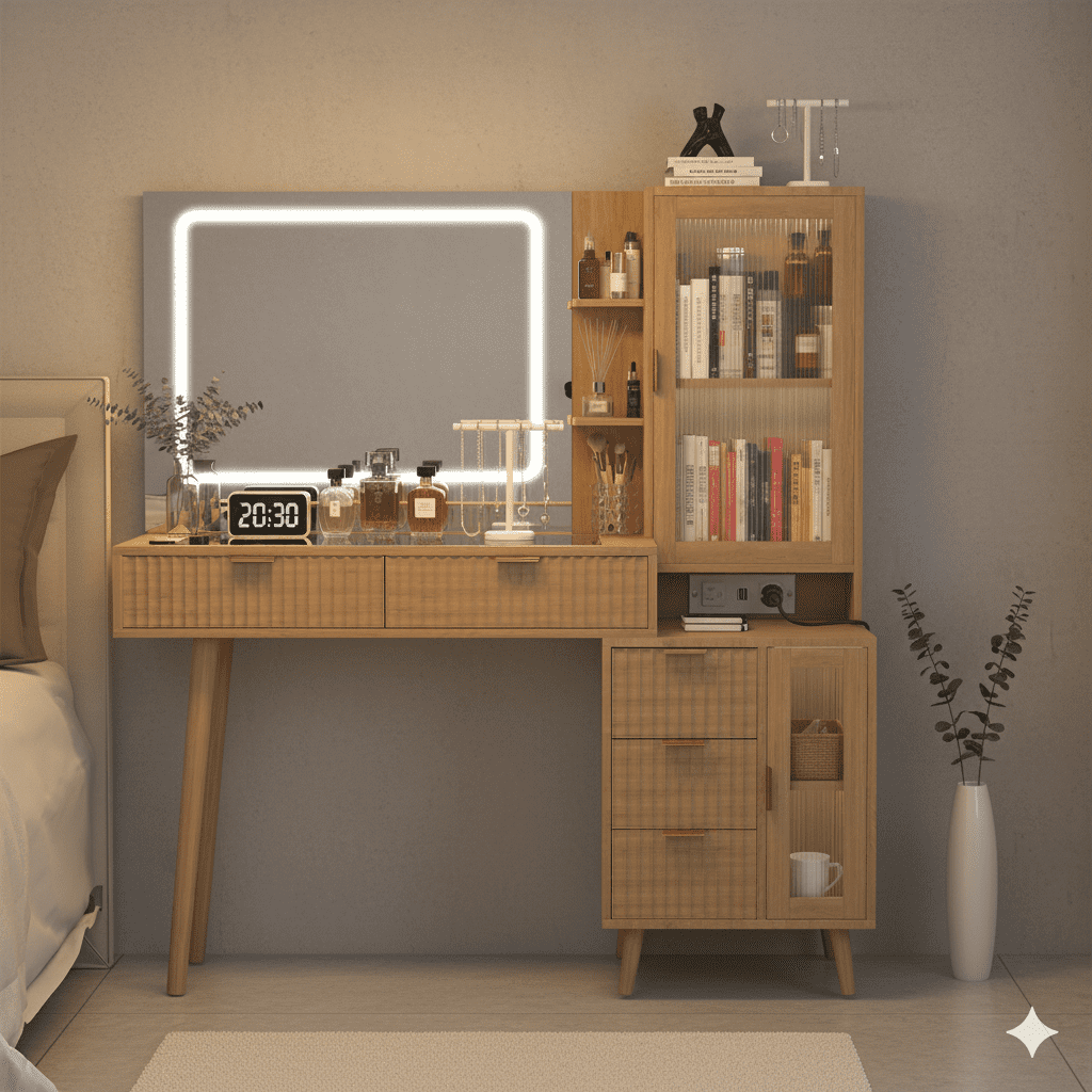Wooden Vanity Desk with Mirror and Lights, 49" Boho Fluted Makeup Vanity Table with Modern Glass Top, Charging Station, 5 Drawers, 2 Cabinet with Adjustable Shelves, Salon Station, Natural Oak