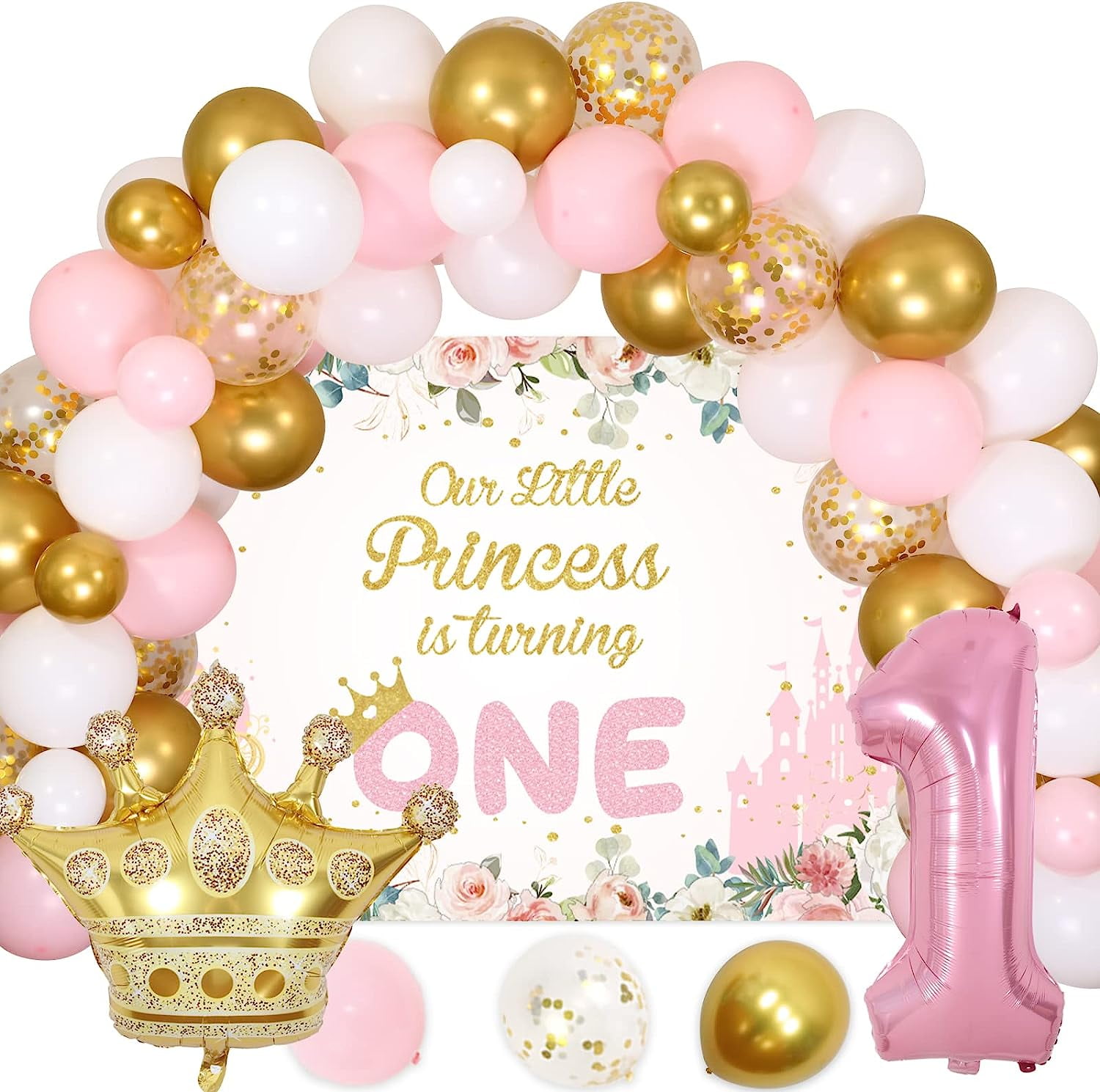 Aowee 1st Birthday Decoration, Pink White Balloon Arch with Happy Birthday Banner, Number 1 Foil Balloon, Pink Tablecloth for Birthday Girls Daughter
