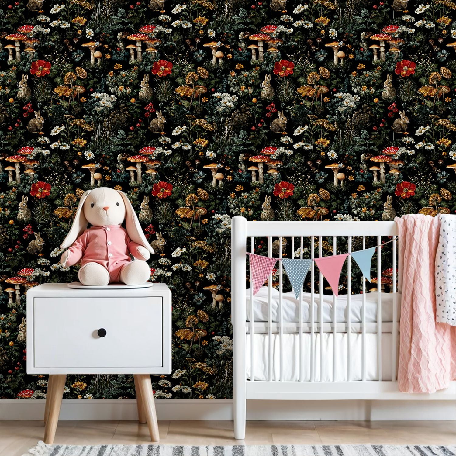 Peel and Stick Wallpaper Whimsical Forest Scene Mushrooms Wildflowers Rabbits Wall Mural 23.6in x 9.8ft Self Adhesive Removable Wall Paper Renter Friendly Wallpaper for Nursery Bedroom Cabinets