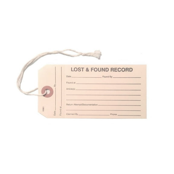 Lost & Found Record Manila Tags, 5-1/4" x 2-5/8", w Attached String, Perfed Stub, Reinforced Hole - Pack of 100 Tags