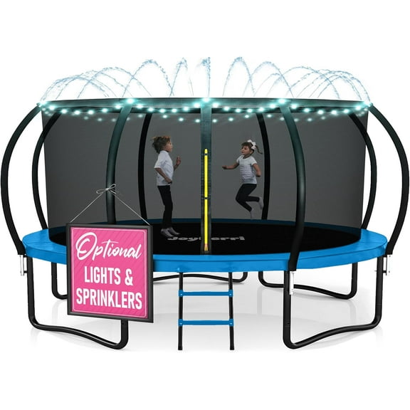 JoyBerri Outdoor Trampoline with Safety Enclosure, Ladder, LED Lights & Sprinkler – ASTM Certified, Rust-Resistant Steel Frame – Sizes 15F - Blue