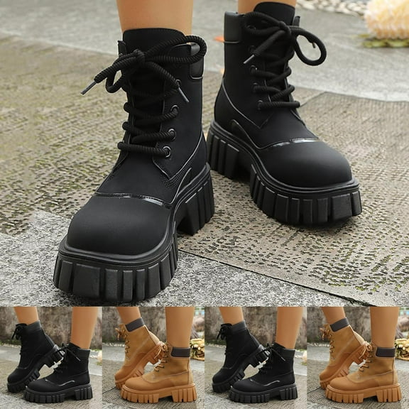 Miluxas Chunky Heeled Platform Lace Up Ankle Boots Combat Motorcycle Strap Round Toe Block High Heel Booties for Women Brown 9.5(43)