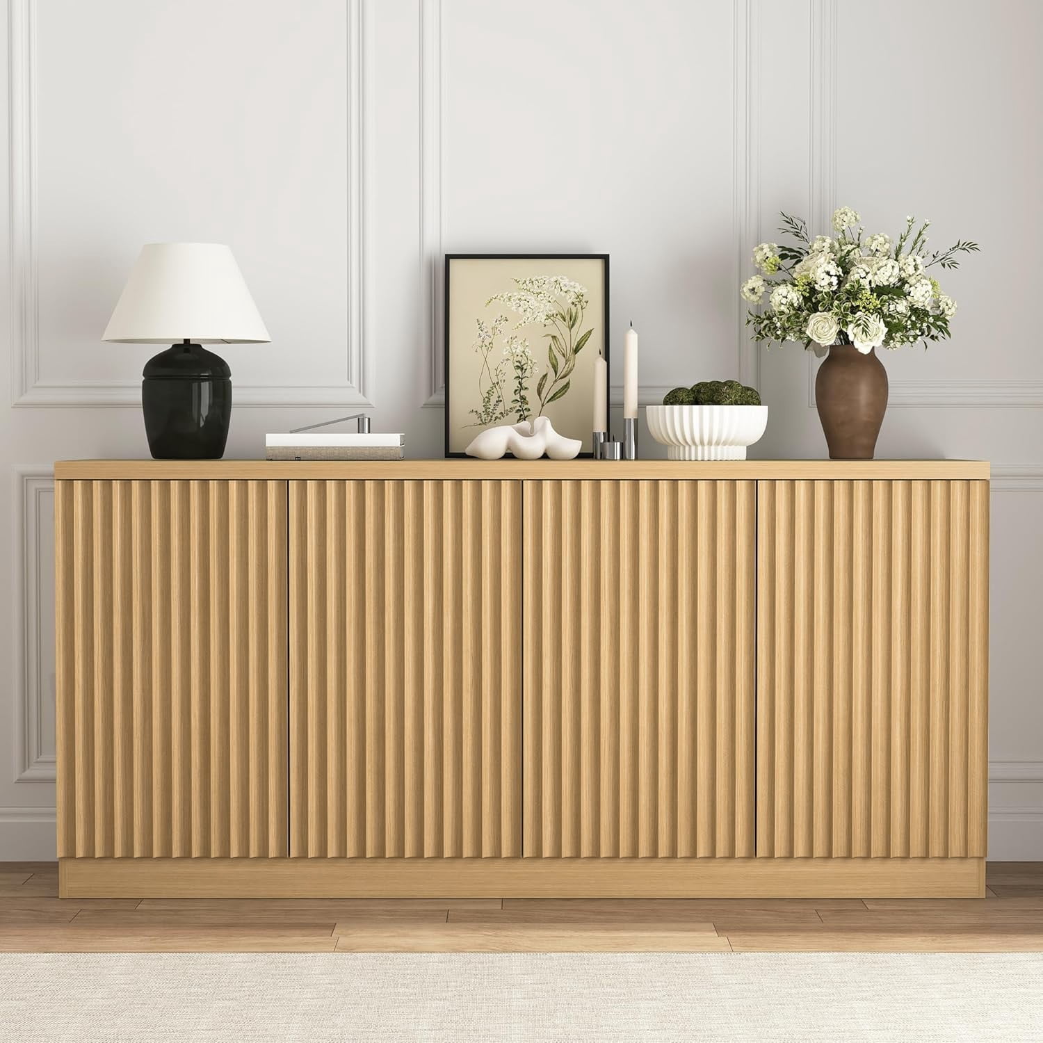 62.6" Buffet Cabinet with Storage, 4 Door Sideboard Cabinet with Shelves, Wooden Coffee Bar Cabinet Credenza Console Table for Kitchen Dining Room Living Room, Natural