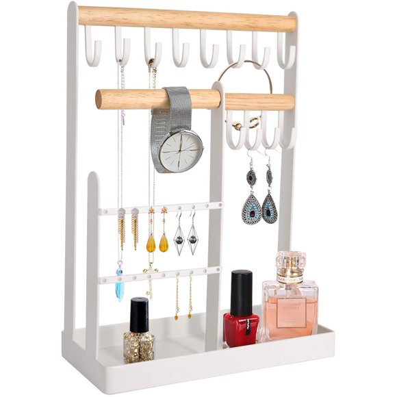 Necklace, Bracelet, Ring Display Stand with Hooks White Wooden & Metal Jewelry Organizer