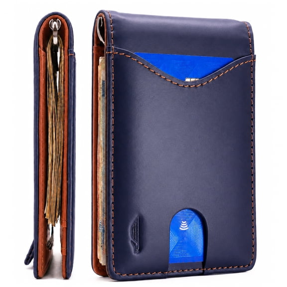 POCKT Men's Slim Bifold Genuine Leather RFID Money Clip Wallet, Deep Royal