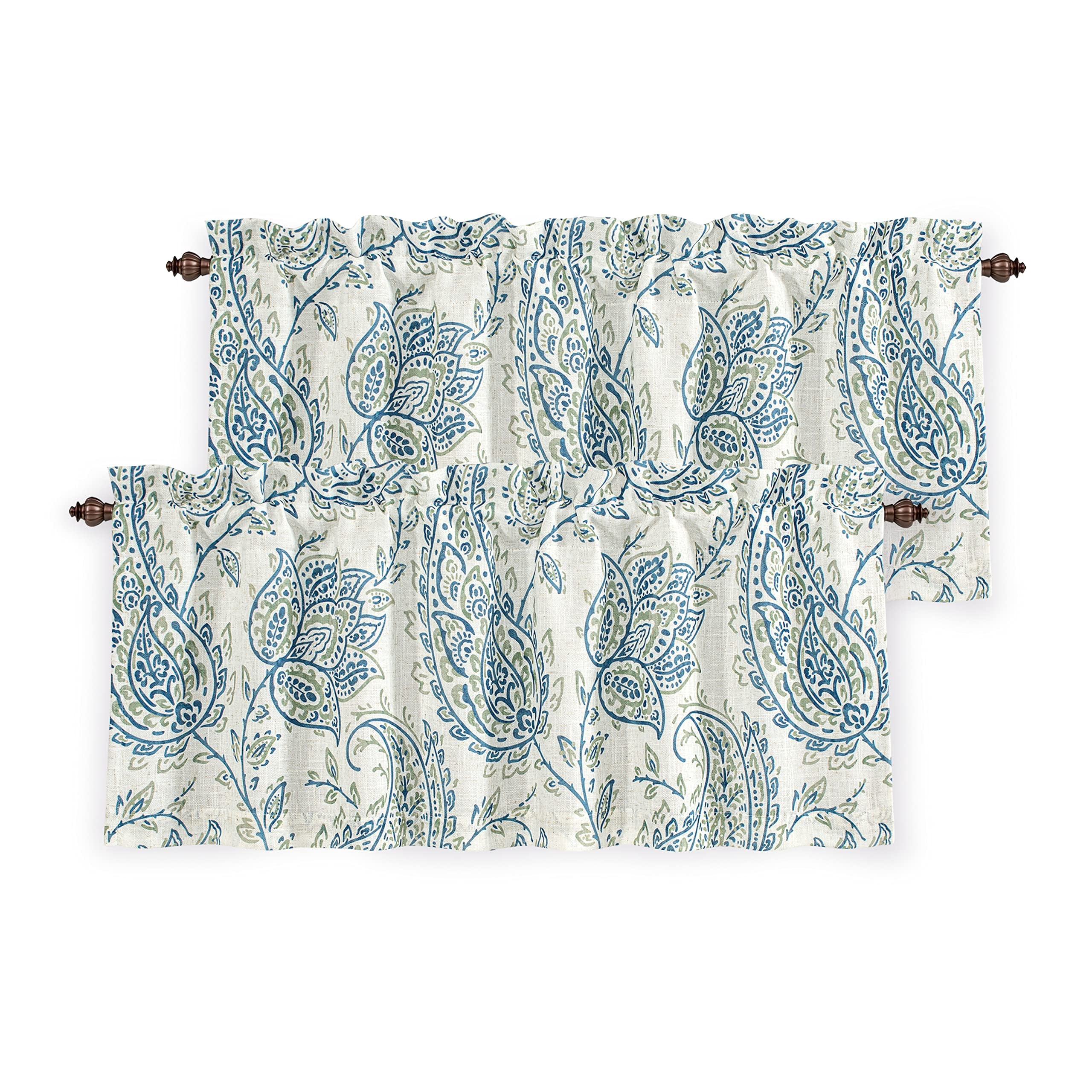 DriftAway Jacob Linen Blend Blackout Valance for Kitchen 18 Inch Length Scroll Floral Paisley Printed Lined Rod Pocket Room Darkening Window Curtain Valance for Living Room 52x18 Blue Green 2 Pack