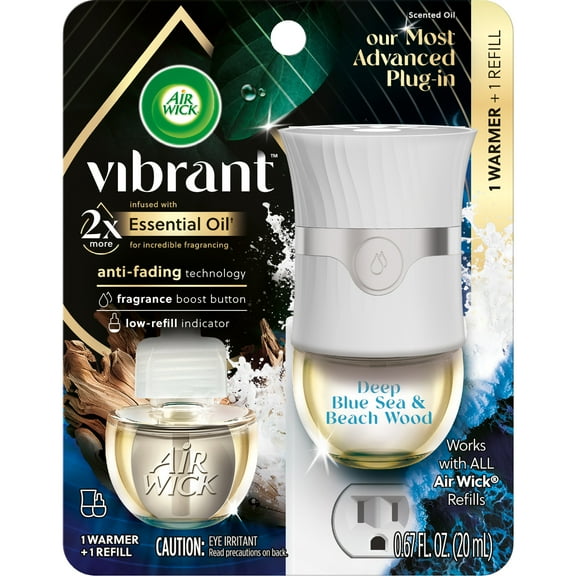 Air Wick Vibrant Plug-In Scented Oil Air Freshener Warmer Starter Kit, Deep Blue Sea and Beach Wood, 2 Piece
