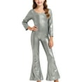 thumbnail image 2 of UQJfacai Girls Sparkly Jumpsuits Glitter Long Sleeve Cocktail Party Crew Neck Bodycon Flared Long Pants Rompers Onesies 2-17 Years, 2 of 5