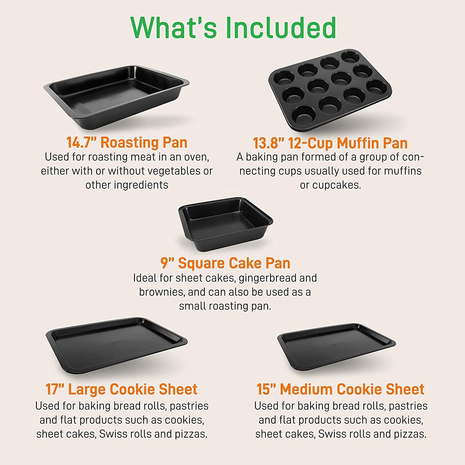 Nutrichef 10-Piece Nonstick Bakeware Set - PFOA, Pfos, PTFE-Free Carbon Steel Baking Trays w/Heatsafe Silicone Handles, Oven Safe Up to 450°F