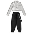 thumbnail image 4 of CHICTRY Kids Girls Hip Hop Dance Skateboarding Outfit Metallic Cropped Tops with Chain Pocket Pants Silver 16, 4 of 5