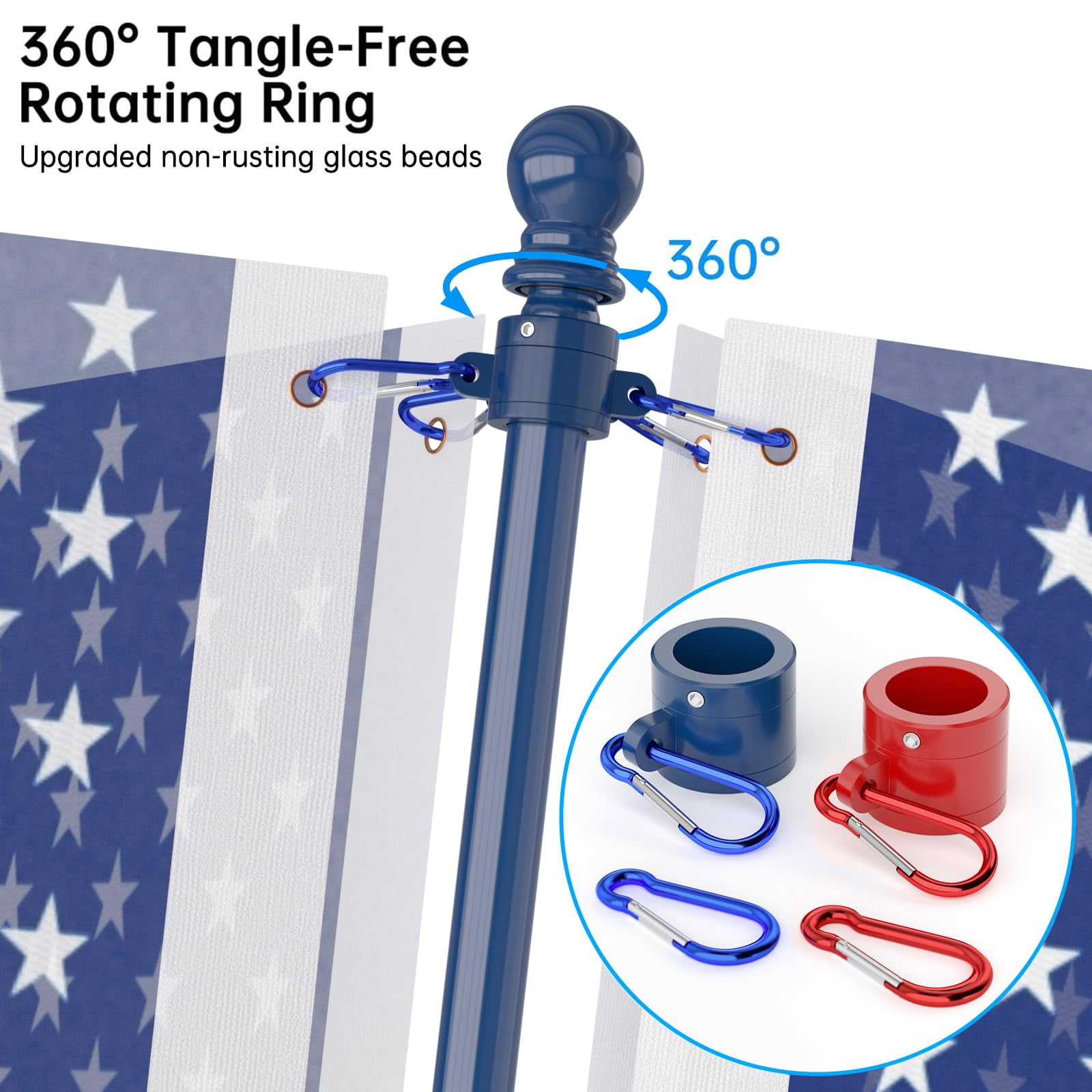 FIASON 1 Pack 6 FT Blue/White/Red Stainless Steel Tangle Free Wall-Mounted Flag Pole with Upgraded Bracket, Flag Pole Kit for Outside House, Residential or Commercial for American Flag (Without Flag)