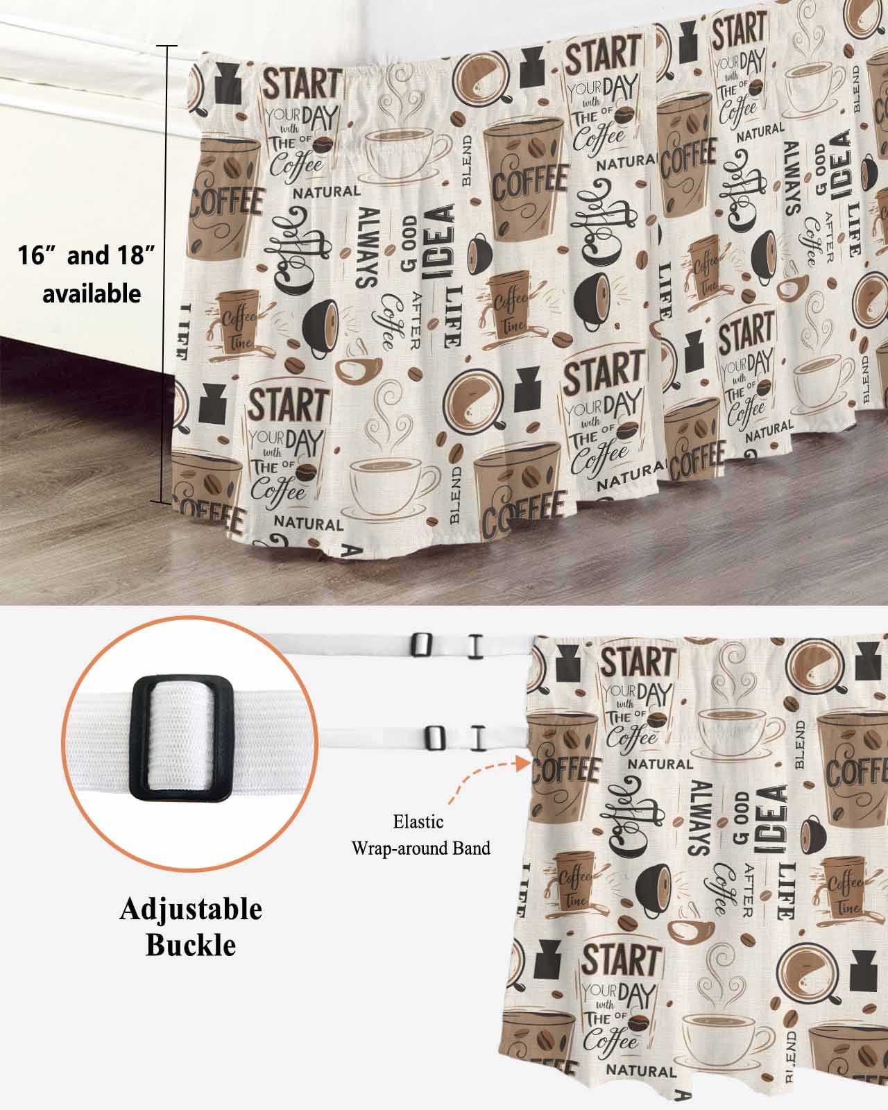 Coffee Wrap Around Bed Skirts for Queen Bed 16" Drop, Bed Skirt with Adjustable Elastic Belt Dust Ruffle Bed Valance for Bedroom Hotel Luxury Brown Beans Cup Dessert Drink Monochrome Bed Frame Cover