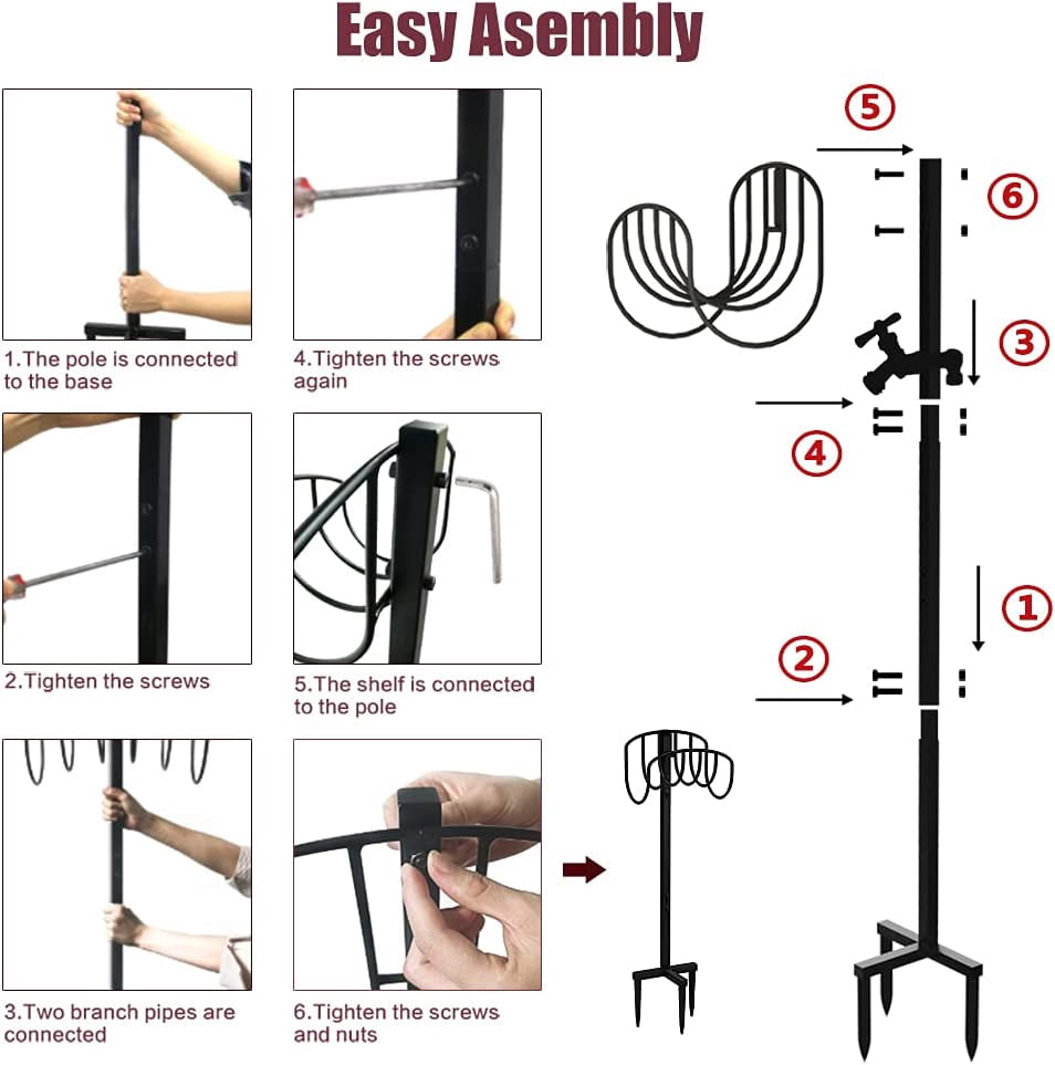 Freestanding Garden Hose Holder Stake with Brass Faucet, Heavy Duty Metal Water Pipe Storage Stand Rack for Outdoor